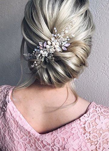 Kercisbeauty Wedding Pink Blue Rhinestones White Flower Hair Comb