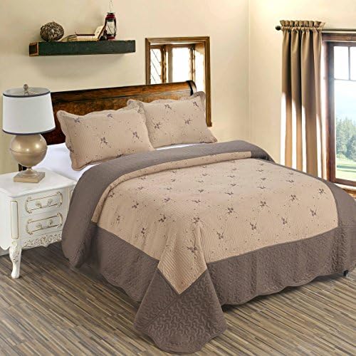 3-Piece Quilt Coverlet Bedding Set Full/Queen(90"x90") Size Bedspread Floral Pattern Exquisite Embroidery Lightweight Hypoallergenic by JessyHome, Brown