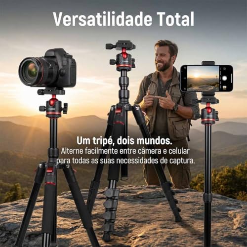 Tripé para câmera de 2 metros, equipado com cabeça esférica de 360°, com capacidade para 5 kg, inclui suporte para celular; tripé leve para viagens e atividades ao ar livre
