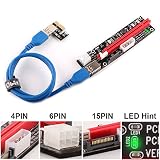 Ubit 6 Pack Latest PCI-E Riser Express Cable 16X to 1X (6pin / MOLEX/SATA) with Led Graphics Extension Ethereum ETH Mining Powered Riser Adapter Card+60cm USB 3.0 Cable