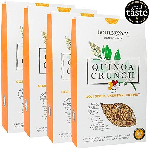 Quinoa Crunch - Luxuriously Nutritious Granola - Goji Berry, Cashew & Coconut - No Gluten - Suitable for Coeliacs - 4 x 275g - by Homespun