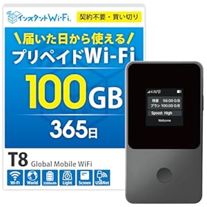 [インスタントWi-Fi] T8 1年間 100GB 自然故障保証付き データ通信回線付き ポケットWiFi