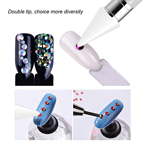 1 Pc Senior Double-head Wax ended Nail Rhinestone Picker Dotting Pen Acrylic Handle Gem Pick Up Applicator Tool Self-Adhesive Dot Head Tips Nail Art DIY Decoration Tool with Travel case (White) - Thumbnail 3