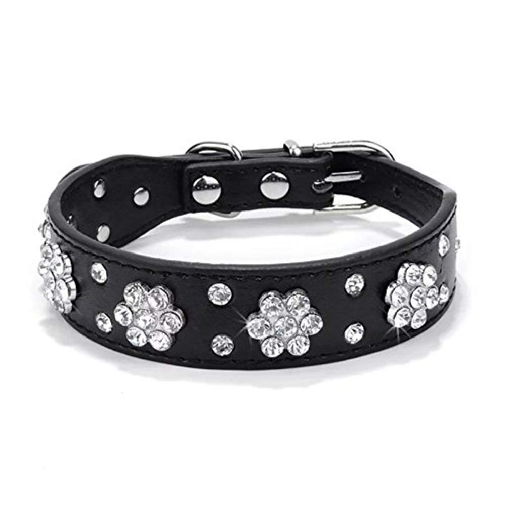 haoyueer Rhinestone Dog Collar, Cute Flower Rhinestone Cat Dog Collar Bling Collar PU Leather Collar Adjustable Sizes Small Medium Large (L, Black) — image 1