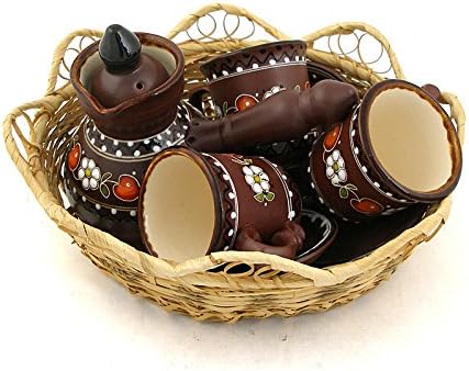 Ceramic Coffee Serving Set Handmade in Ukrainian Traditional Style. Cherry ornament. 3 coffee cups (5fl oz) with saucers, cezve (10fl oz) and basket