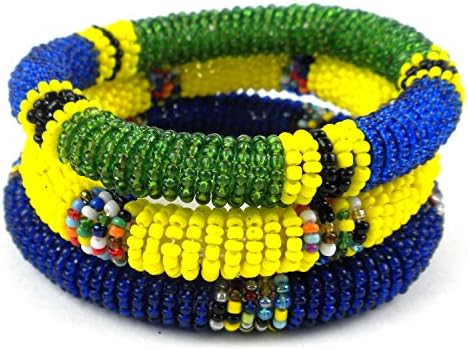 Maasai Bangle Bracelets - Set of 3 - Bold Blue, Yellow, and Green