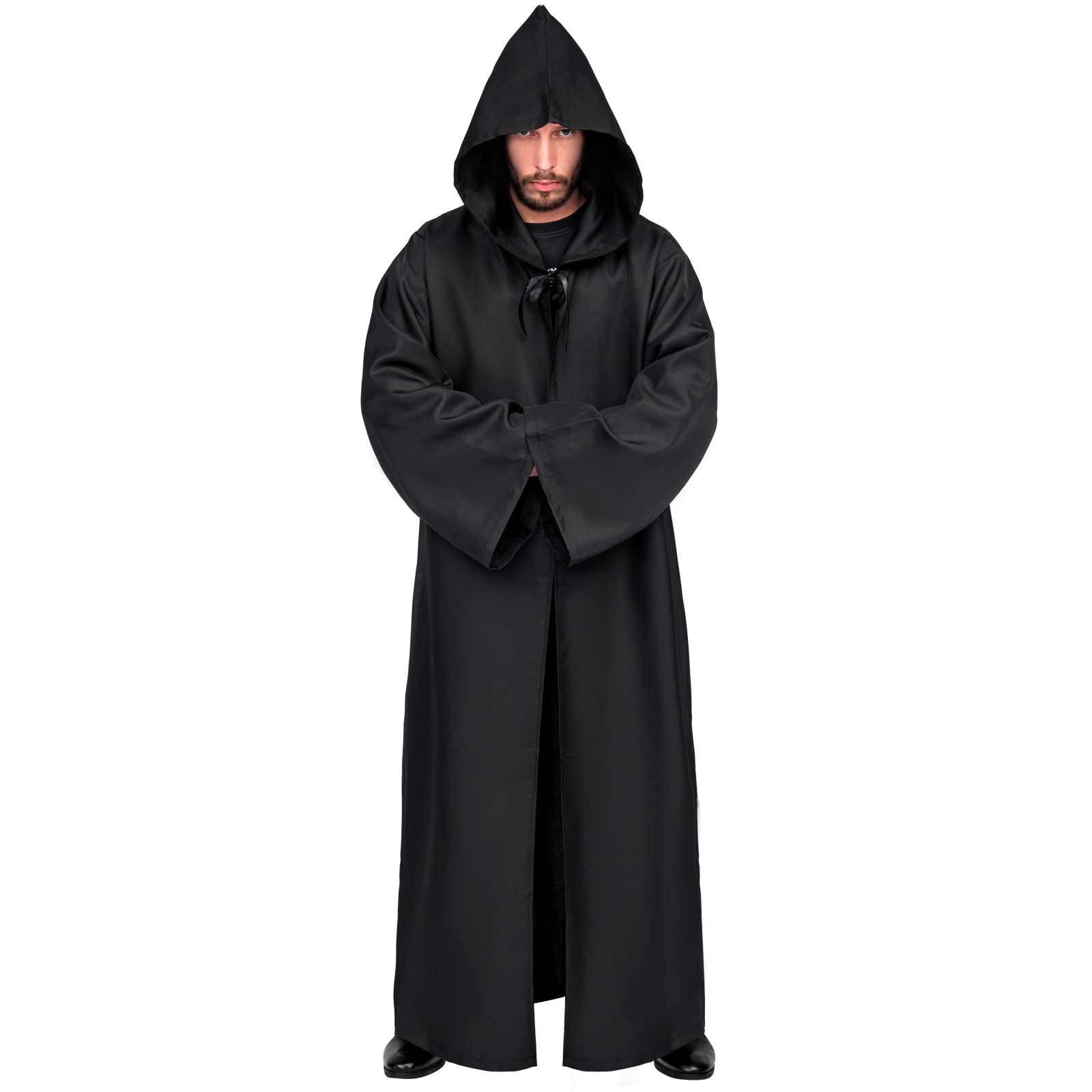 Myir JUN Men Hooded Cloak, Men Robe Halloween Costume Movie Costume Knight Tunic Adult Cape Outfit Carnival Fancy Dress Cosplay (XXL, Black)
