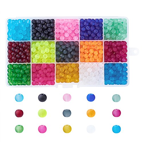 Kissitty About 600pcs/box 15 Colors Transparent Frosted Glass Beads Round 6mm with Container for DIY Jewelry Making