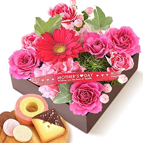 Amazon 母の日 の プレゼント カーネーション バラ あじさい おいもやケーキ洋菓子 花とスイーツ アレンジメント生花 母の日ギフト 重箱 ピンク おいもや 和菓子ギフト 通販