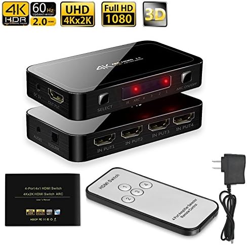 HDMI Switch Switcher Box 4 port 3D 4K 4 in 1 out 2.0 Hdmi Selector Kvm Switch Box HDCP 2.2 4Kx2K with Audio Out and IR Remote Control Supports 1080P 2160P for PS4 Xbox 360 Fire TV Mackbook HDTV Etc