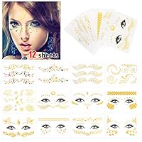 Face Temporary Tattoos, 12PCS Metallic Temporary Tattoos Face Gold Glitter Waterproof Face Jewels for Women Girls Christmas Make Up Dancer Costume Parties