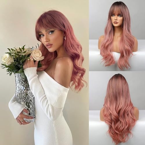 Honygebia Pink Wigs with Bangs Long Ombre Pink Wigs for Women