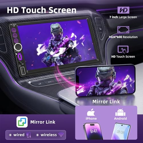 2 DIN Car Radio with CarPlay Wireless and Android Car, 7 Inch Touchscreen Screen, Bluetooth 5.0 Car Radio with Rear Camera, Mirror Link, Type-C, SWC, FM, EQ, GPS Navigation