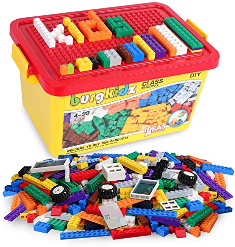 Burgkidz Premium Building Blocks Set: Storage Box with Baseplate Lid | 568-pcs set: 500 bricks/blocks, 14 shapes, 10 colors + wheels/doors/windows. Lid flips to baseplate. Compatible