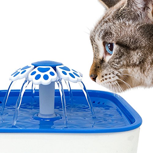 Pet Fit For Life Water Fountain Dispenser Plus Bonus Cat Wand and Mat - 2 Liter Super Quiet Automatic Water Bowl with Charcoal Filter for Dogs, Cats, Birds and Small Animals