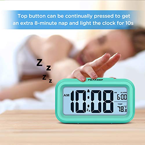 Peakeep Smart Night Light Digital Alarm Clock with Indoor Temperature, Battery Operated Desk