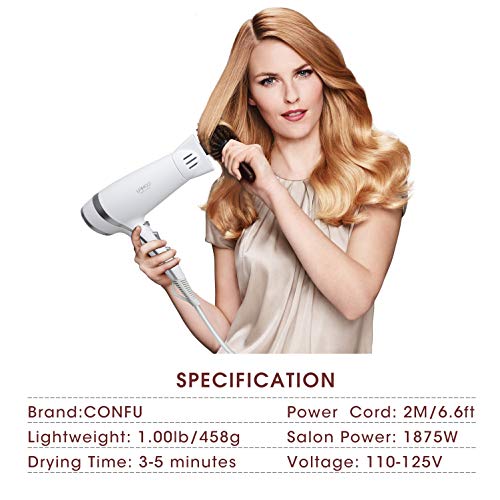 Lightweight Professional Ionic Hair Dryer CONFU 1875W Fast Drying Quiet Blow Dryer with 2 Speed 3 Heat Cool Setting Nozzle Diffuser Hairdryers Bag ETL Certified White - Thumbnail 5