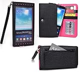 Samsung Galaxy Note Edge Wallet Wristlet Clutch With Hand Strap and Credit Card Slots| Black & Pink Streak