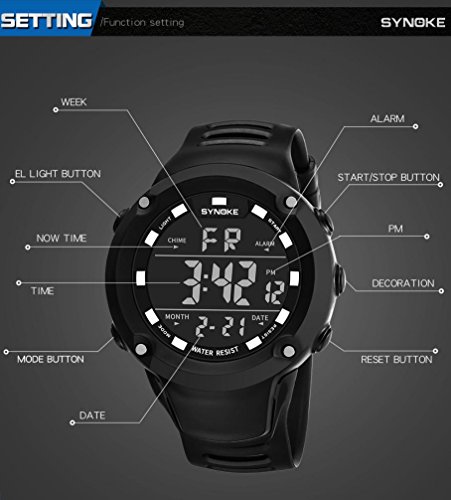 Men Digital Sport Watch, Voberry SYNOKE Multi-Function 50M Waterproof Sports Watch LED Digital Double Action Watch (Black)