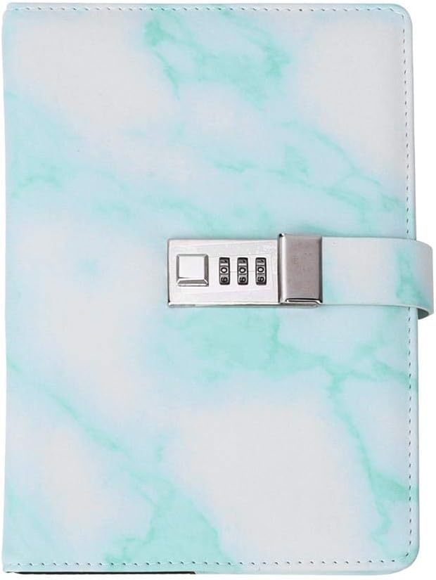 Fydun Marble Code Book, A5 Note Book PU Leather Cover Password Lock Notepad Diary Book Office School Supplies (Pink & Green)(Green)