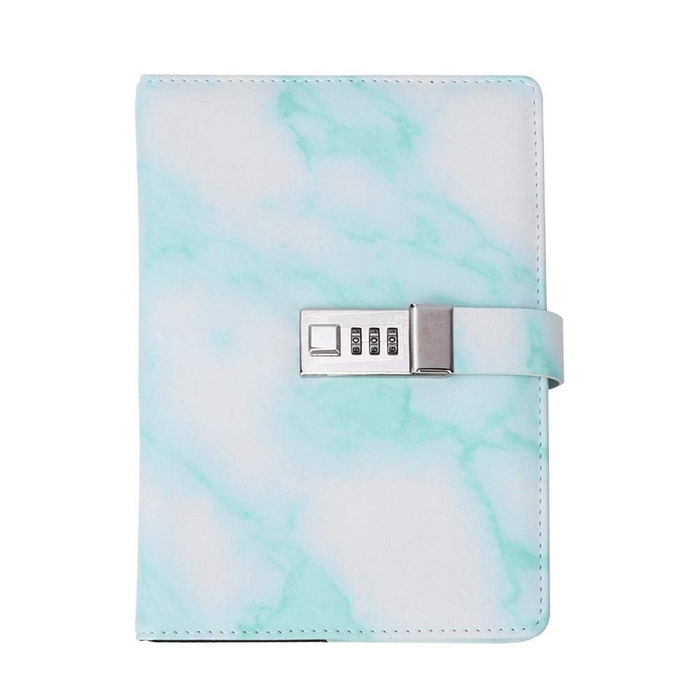 Fydun Marble Code Book, A5 Note Book PU Leather Cover Password Lock Notepad Diary Book Office School Supplies (Pink & Green)(Green)
