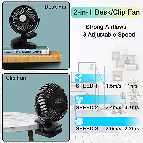 USB Fan, Portable Clip Stroller Fan with Lights, Mini Desk Fan 2200mAh Rechargeable Battery Powered, Cooling Fan with Hanging Hook, 3 Speed 360 Rotation for Baby Pram, Bedside Crib, Office, Camping