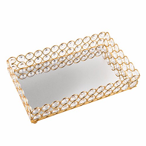 Feyarl Crystal Beads Cosmetic Tray Rectangle Jewelry Organizer Tray Mirrored Decorative Tray (Gold)