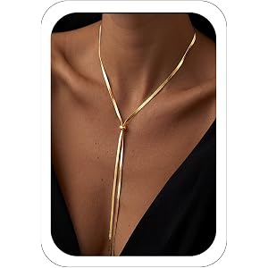 Gold Lariat Y Necklace for Women, 14K Gold Plated Waterproof Flexible Snake Chain Slip Tie Bolo Necklace, Long Drop Chest Cha