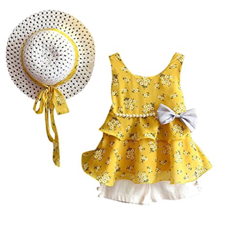 morecome Baby Girl Lace Kid T-Shirt +Floral Shorts +Headband Outfits Set (2T, Yellow)