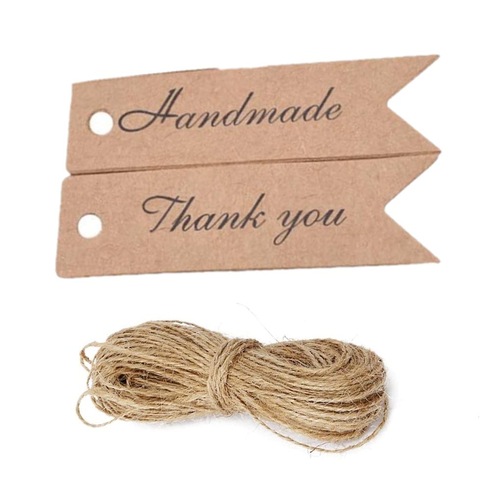 CHSYOO 200 Pieces Kraft Paper Tags, Brown Black White Gift Tags, 7X2CM Strip Label Paper, with 10M Natural Jute Rope for Wedding, Christmas, Party DIY Decoration