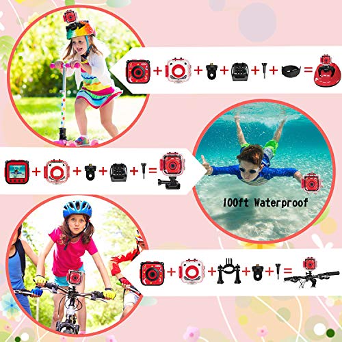 PROGRACE Kids Camera Underwater Waterproof Camera for Kids Camcorder for Boys Girls 4X Digital Zoom 3-Level Volume Adjustment(Red)