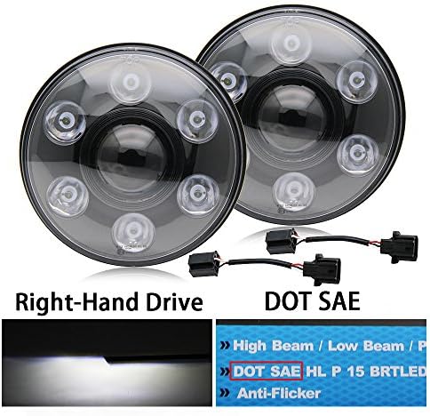 Jiuguang Pair 7" LED Headlight US Version Left Hand Drive with 6000K Hi/lo Beam and DRL lamp for Jeep Wrangler JK - TJ Harley Davidson with H4 Plug H4-h13 Adapter (J008-Right-Black)