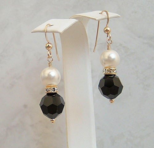 Jet Black Crystal Simulated White Pearl Earrings Gold Filled
