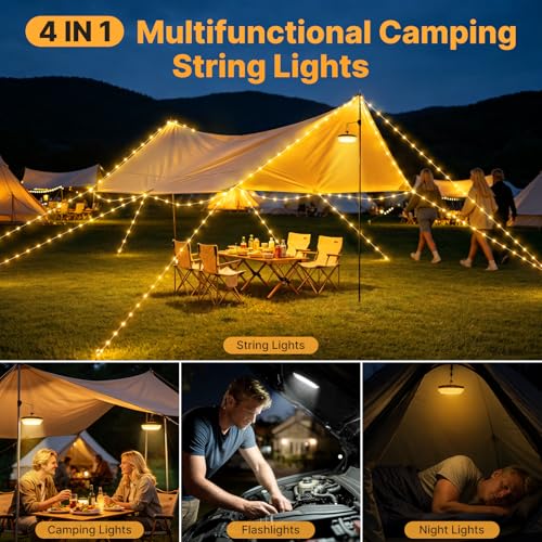 GAEEP Camping String Lights, 10M Retractable Fairy Lights with 7 Lighting Modes, USB Rechargeable 2-in-1 Camping Lantern and String Lights, Waterproof Tent Lights for Camping, Garden, Party