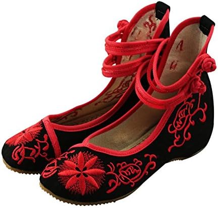 Hecater Women's Chinese Embroidery Casual Walking Shoes Mary Jane Round Toe Wedge Sandals Black 39