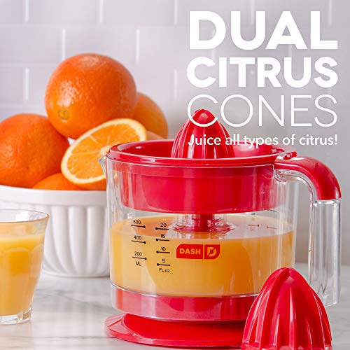 Dash Citrus Juicer Extractor: Compact Juicer for Healthy Juice, Oranges, Lemons, Limes, Grapefruit & other Citrus Fruit with Easy Pour Spout + 32 oz Pitcher - Red