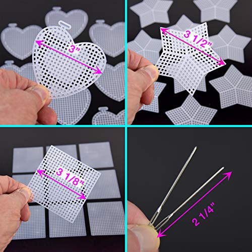 32 Piece Needlepoint Canvas Kit - 3" Plastic Canvas (10 Each of Heart, Star and Square) with 2 Plastic Canvas Needlepoint Needles