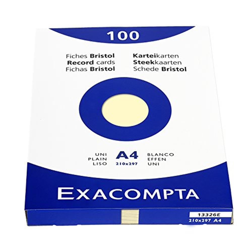 Exacompta - Ref 13326E - Bristol Plain Record Cards (Pack of 100) - A4 in Size, 205gsm Card, Compatible with Printers - Suitable for Exam Revision & Notes - Yellow
