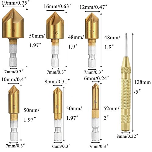 Dayree Countersink Drill Bits Center Punch Tool Sets, 6 pcs 90 Degree HSS 6 mm-19 mm Five-blade Chamfering Cutter and 1 pcs Brass Automatic Punch with 1/4'' Hex Shank for Wood Quick Change Bit
