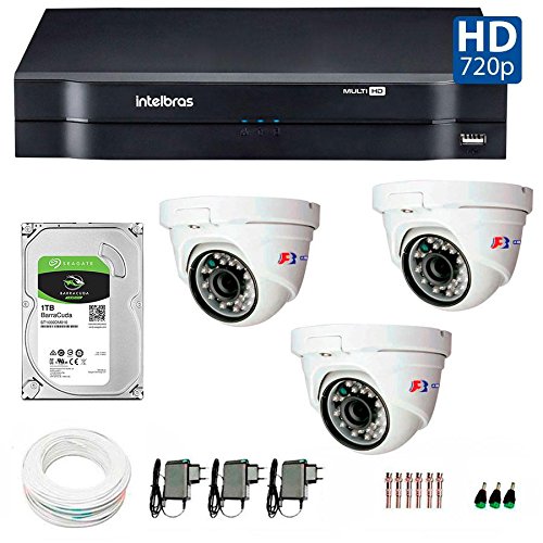 Kit 3 Câmeras de Segurança Dome Hd 720p Focusbras + Dvr Intelbras Multi Hd + Hd para Gravação 1tb + Acessórios