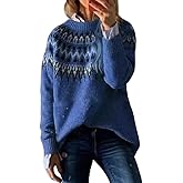Melliflo Womens Fair Isle Sweaters Vintage Argyle Iceland Norway Sweater Aztec Print Colorblock Crew Neck Sweaters