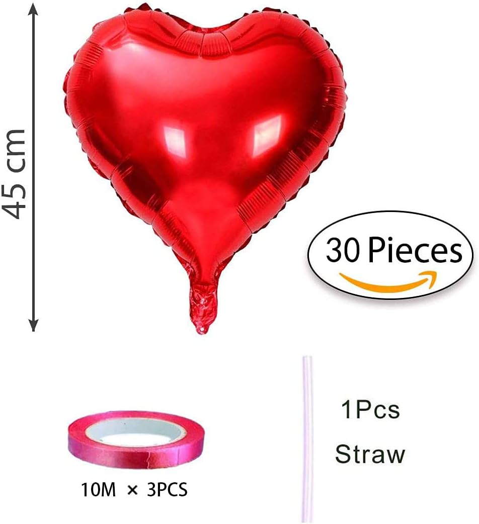 Heart Balloon, 30 x Red Heart Helium Balloons, Heart Shaped Foil Balloons for Parties Birthdays, Valentine's Day, Wedding - Image 3