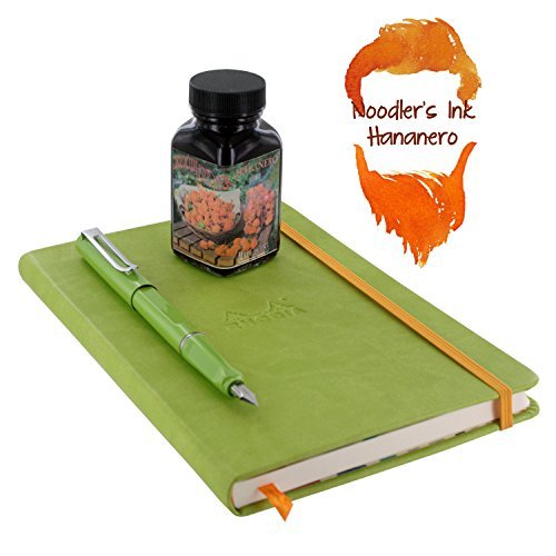 JinHao 599 Lime Green Metal Fountain Pen, Medium Nib (FP-599-1) with Habanero Noodler's Ink and Anise Rhodia Notebook Set