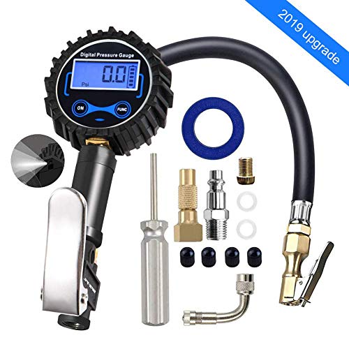 JYSW Digital Tire Inflator Pressure Gauge, 200PSI Heavy Duty Air Chuck and Compressor Accessories with Rubber Hose and Quick Connect Plug for Auto, Truck, Bike, Motorcycle, Backlit LCD 0.1 Accuracy