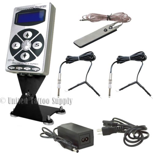 Hurricane HP-2 Silver Dual Digital LCD Tattoo Power Supply w/ Foot Pedal & 2 Clip Cord