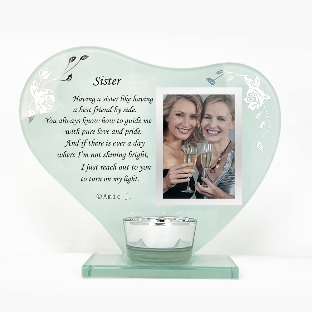 Photo Frame Candle Holder Memorial Plaque Gift with Space to Add a Photograph, Heart-Shaped, Engraved with a Personalised Poem, for Bereavement, Death Anniversary of your Loved Ones (Sister)