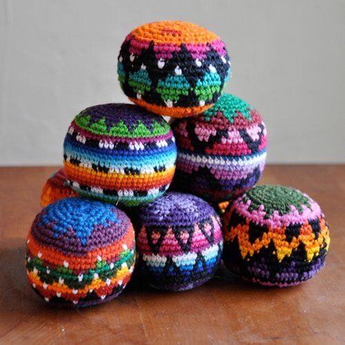 Funny Guy Mugs Footbag Set (3 Pack) – Handmade in Guatemala Crochet Hacky Kick Sack Balls – Footbag Juggling Balls for Outdoor Play, Party Games & Coordination Training