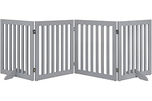 unipaws 24" H Free Standing Pet Gate for Dog Cat, Wooden Dog Gates for Doorway, Stairs, Step Over Foldable Pet Fence for The House, Expandable Dog Barrier, Indoor Use, Grey