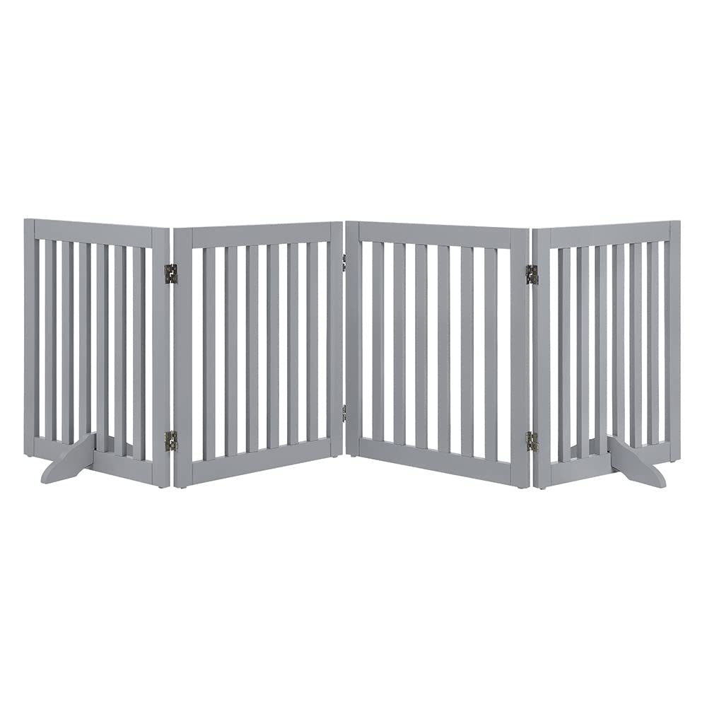 unipaws Freestanding Pet Gate, Folding Wooden Dog Gate, Indoor Barrier with 2PCS Support Feet (61cm Height, 4 Panels) Light Grey