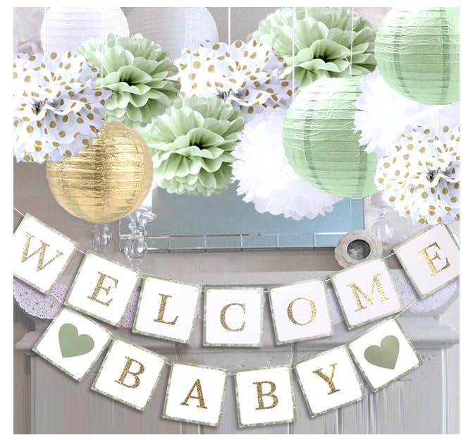 luckylibra Decorazioni per baby shower verde salvia, pompon di fiori di carta lanterna di carta di benvenuto